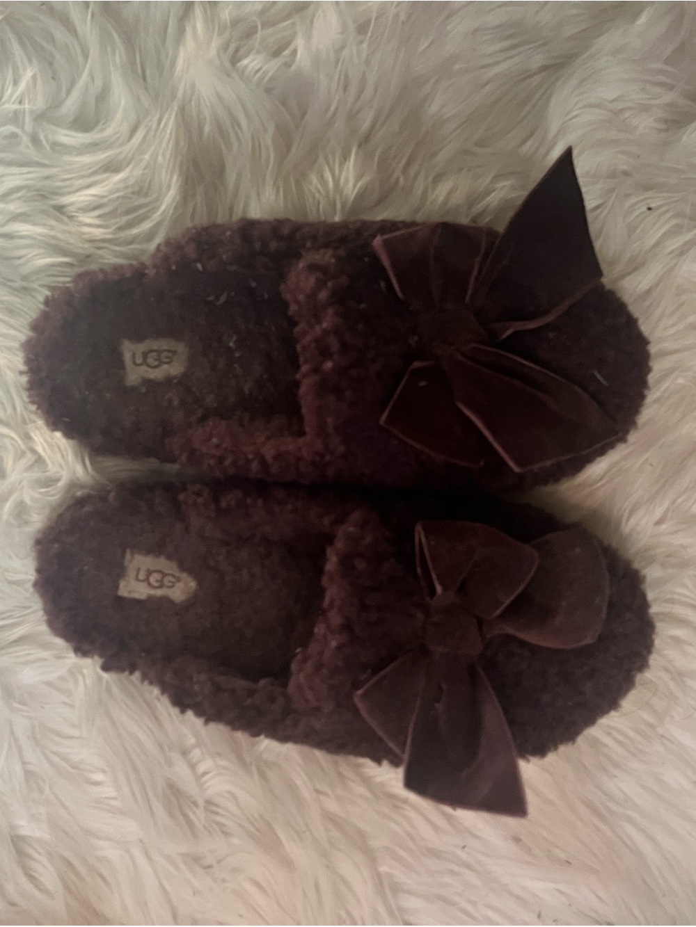 UGG Women's Dark Brown Plush Bow Slip-On Slippers